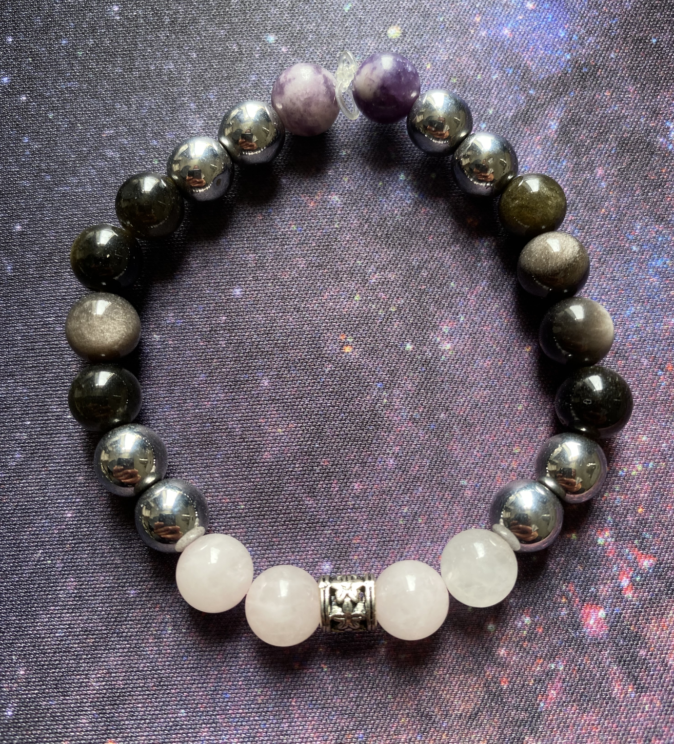 Bracelet Force et protection douce en Lépidolite, Quartz Rose , Obsidienne, hématite - Paix Intérieure et Amour de Soi