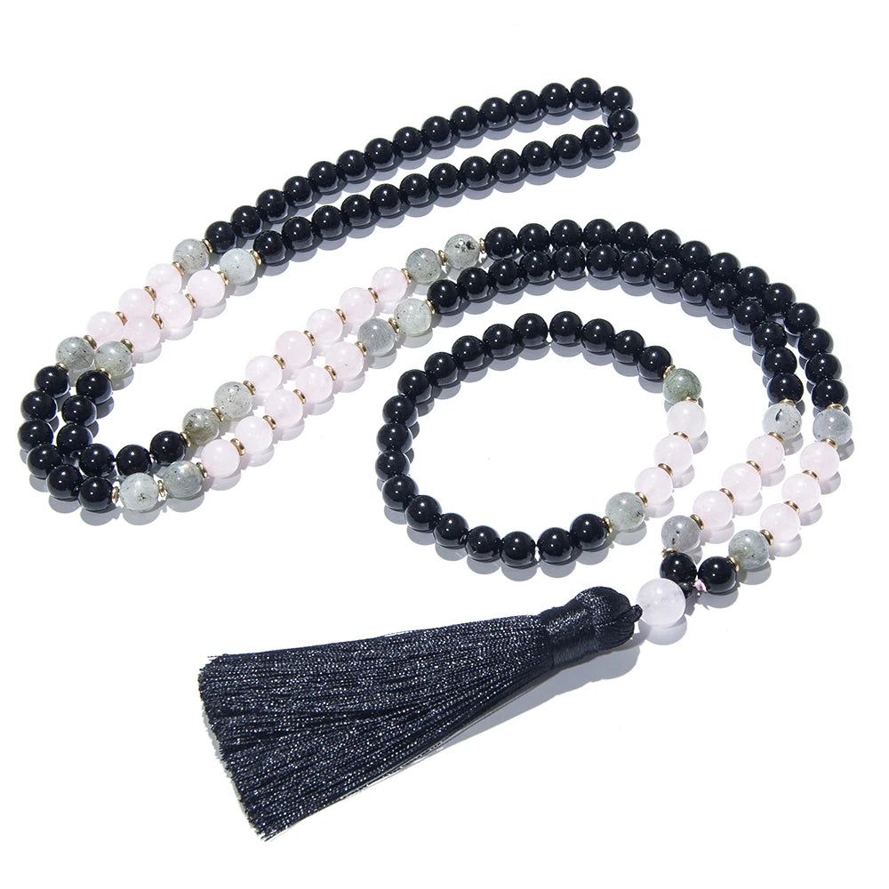 Collier en Onyx, Quartz rose et labradorite