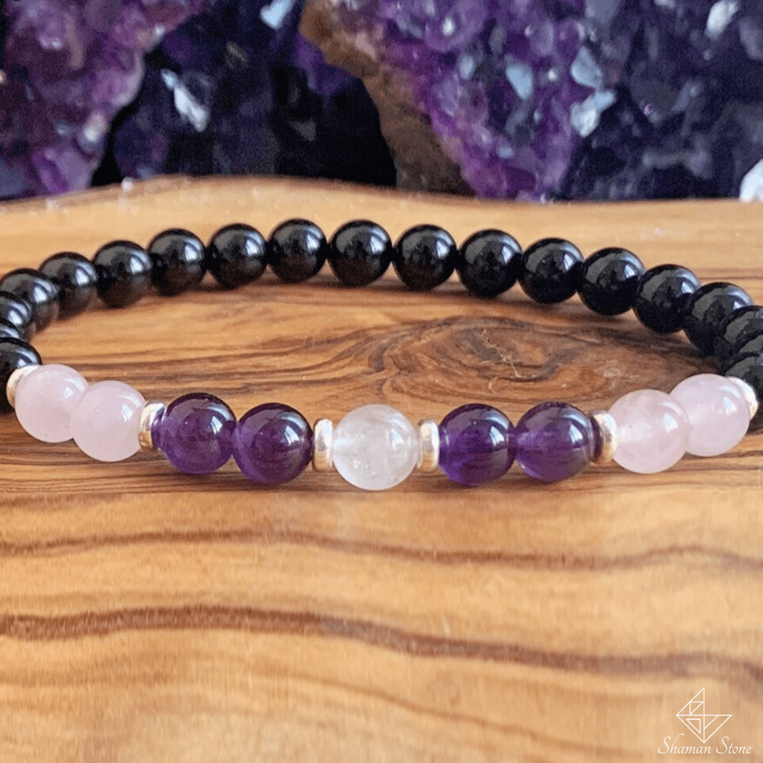 Bracelet guérison et douceur en onyx, améthyste et quartz rose