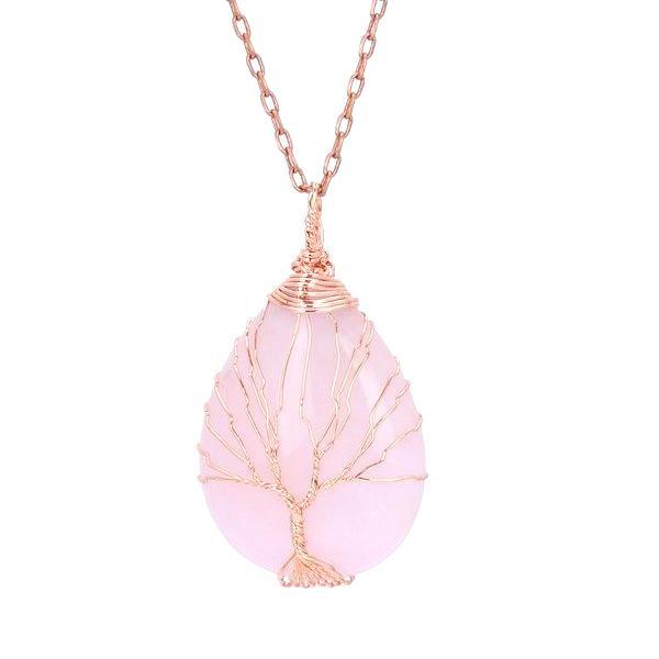 Pendentif goutte arbre de vie doré fait main en quartz rose