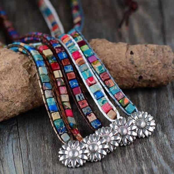 Bracelet zen en pierre naturelle d'Agate et cuir blanc
