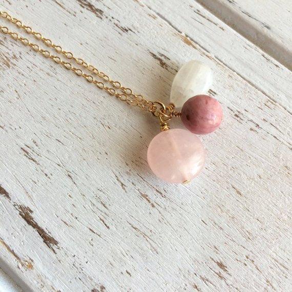 Collier Amour et Force intérieure - Pierre de lune, Quartz rose et Rhodonite