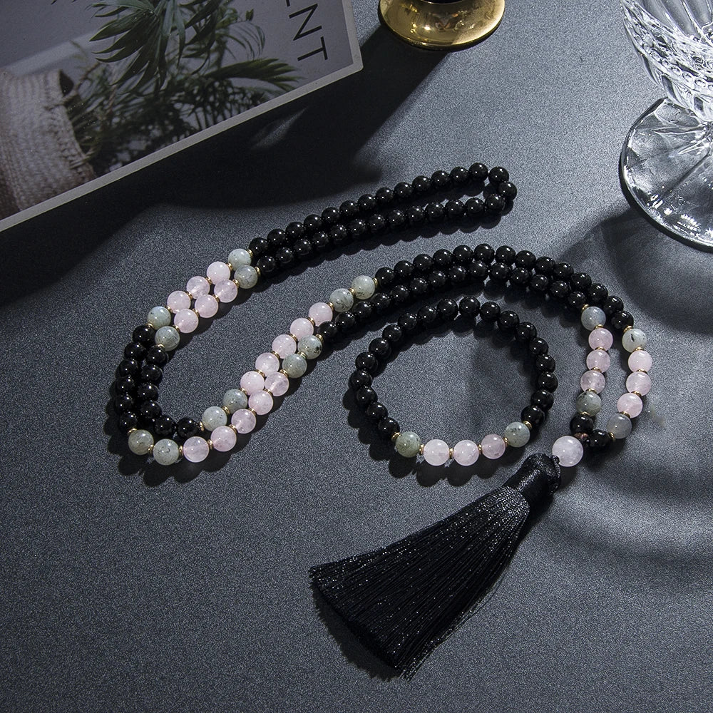 Collier en Onyx, Quartz rose et labradorite