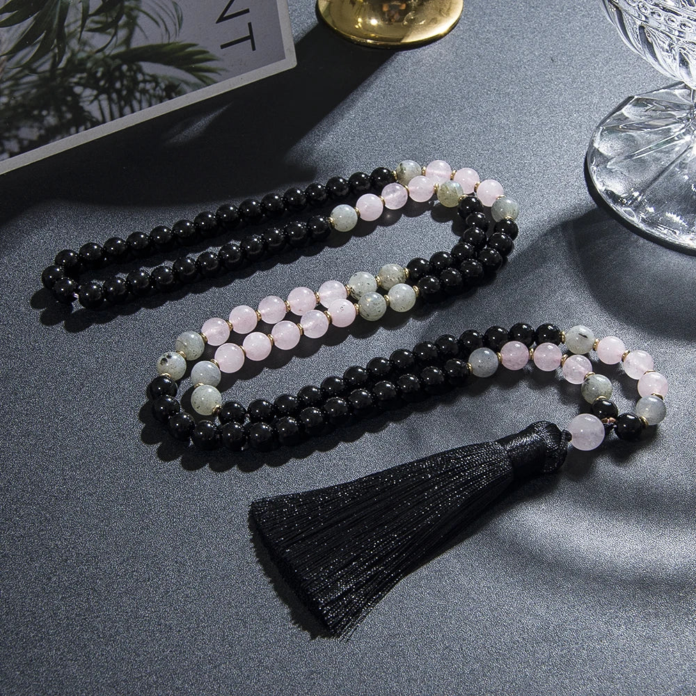 Collier en Onyx, Quartz rose et labradorite
