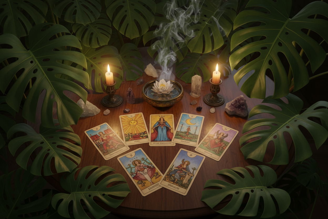 crées une image representant un tarot en ligne gratuit sur le thème tirage oui / non. L'ambiance est avec des monstera et tu ne dois pas inclure de texte